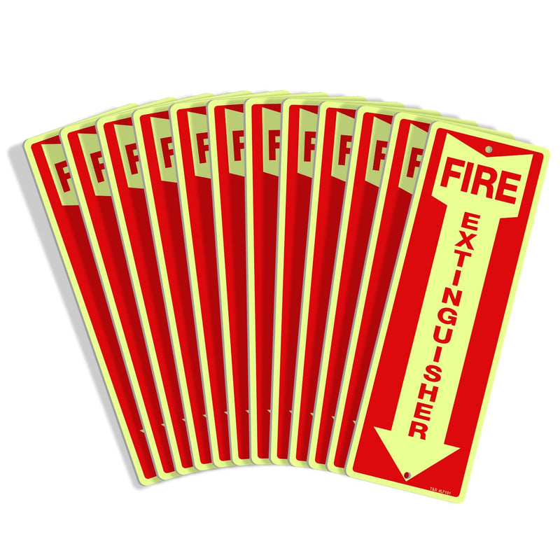 T&R Fire Extinguisher Metal Sign - 12 Pack - 12"x4" .040 Rust Free Heavy Aluminum Glow-In-The-Dark, Waterproof, Weatherproof and Fade Resistant, 2 pre-drilled holes, Easy to Install Indoors and Outdoors 12" x 4" - 12 Pack - Glow-In-The-Dark