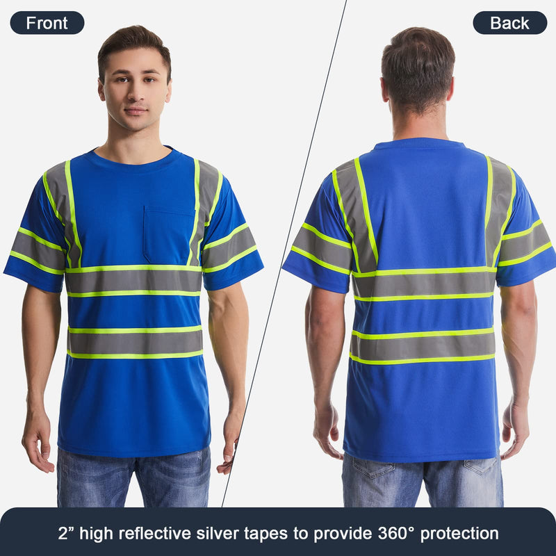 SKSAFETY High Visibility Safety Shirts for Men with Reflective Tapes - Quick Dry Class 2 Hi Vis Construction Work Shirts for Men, Short Sleeve Breathable Birdeyes T-Shirts with Pocket Blue X-Large