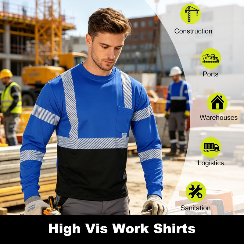 FONIRRA Safety Reflective High Visibility Shirts for Men ANSI Class 3 Hi Vis Long Sleeve Construction Work T-Shirts with Durable Reflective Tape, Blue X-Large