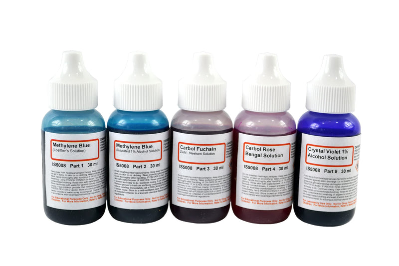 ALDON Innovating Science Bacteria Stain Set - 5 Microscope Slide Stains in 30mL Dropper Bottles: Methylene Blue (2), Carbol Fuchsin, Carbol Rose Bengal, Crystal Violate