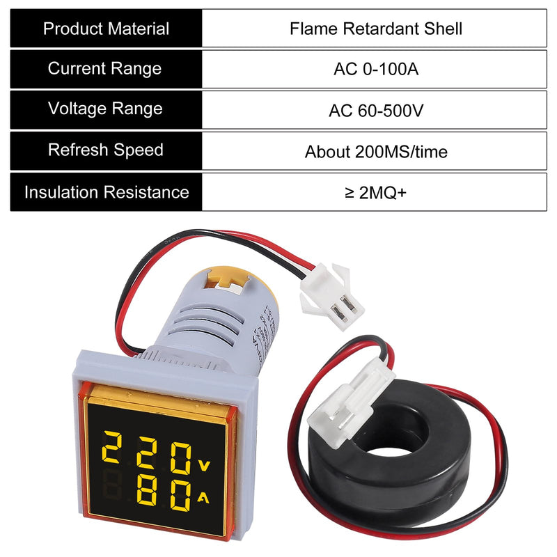 [Australia - AusPower] - 2pcs AC 60-500V 0-100A Digital Ammeter Voltmeter, 22mm Square LED Dual Display Voltage Gauge with Transformer, 110v 220v Voltage Tester Current Meter (Yellow) 