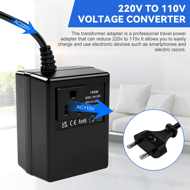 Voltage Converter Transformer 220 V to 110 V 140 W Power Adapter Down Power Converter Travel Power Adapter Transformer EU to US Voltage Converter EU Plug