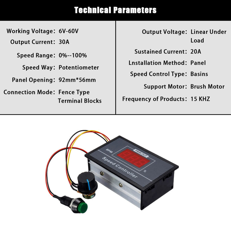 [Australia - AusPower] - PMW 6-60V 12V 24V 36V 48V 30A PWM DC Motor Speed Controller , Speed Adjustable Stepless Governor,Regulator Variable Speed Switch ,Display LED Control Circuit Board Start Stop Switch DC 6-60V, 30A 