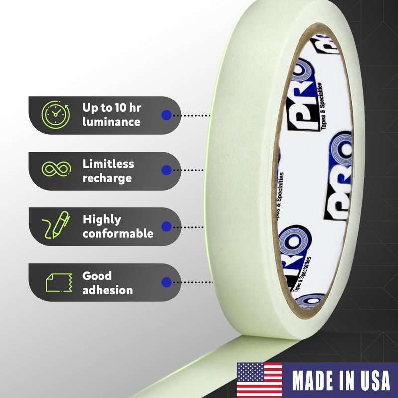 Pro Tapes PRO GLOW Glow in the Dark Vinyl Tape–Fluorescent Tape–Decorative and Safety Luminous Tapes–Best for Indoor Safety, Egress Markings, Signage, Theater–Water and Weather-Resistant–1/2”x10yds
