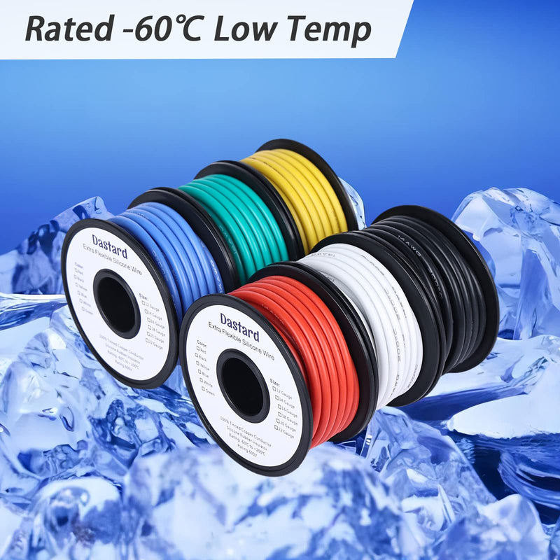 Dastard 12 Gauge Flexible Silicone Wire, 12 AWG Stranded Tinned Copper Wire 60ft【Red+Black+Blue+Yellow+White+Green Each 10ft】 12AWG Automotive Electrical Wire 392℉ 600V 6 Colors