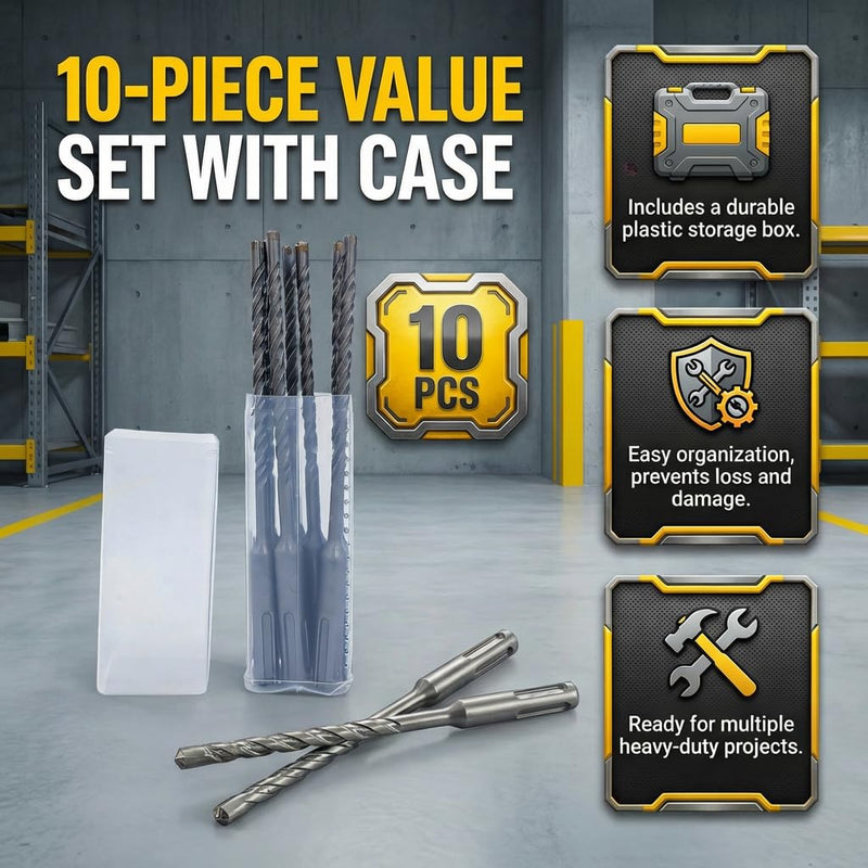 10pcs SDS Plus Masonry Drill Bit Set with Storage Case 3/16 x 6.3 inch | Rotary Hammer Drill Bits 4-Cutter Cross Tip Double Thread Tungsten Steel Concrete Drill Bit for Concrete, Brick, Stone, Walls