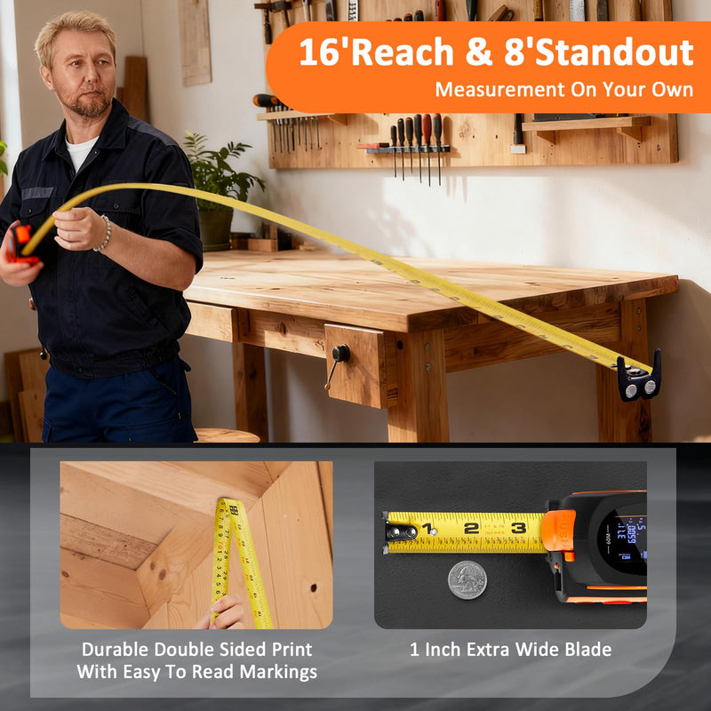 3-in-1 Laser Tape Measure, 197ft Laser Distance Meter, 16ft Digital Tape Measure, Digital Level, Pythagorean/Area/Volume, Rechargeable, Ft/Ft+in/in/M Units, 40 Data Sets