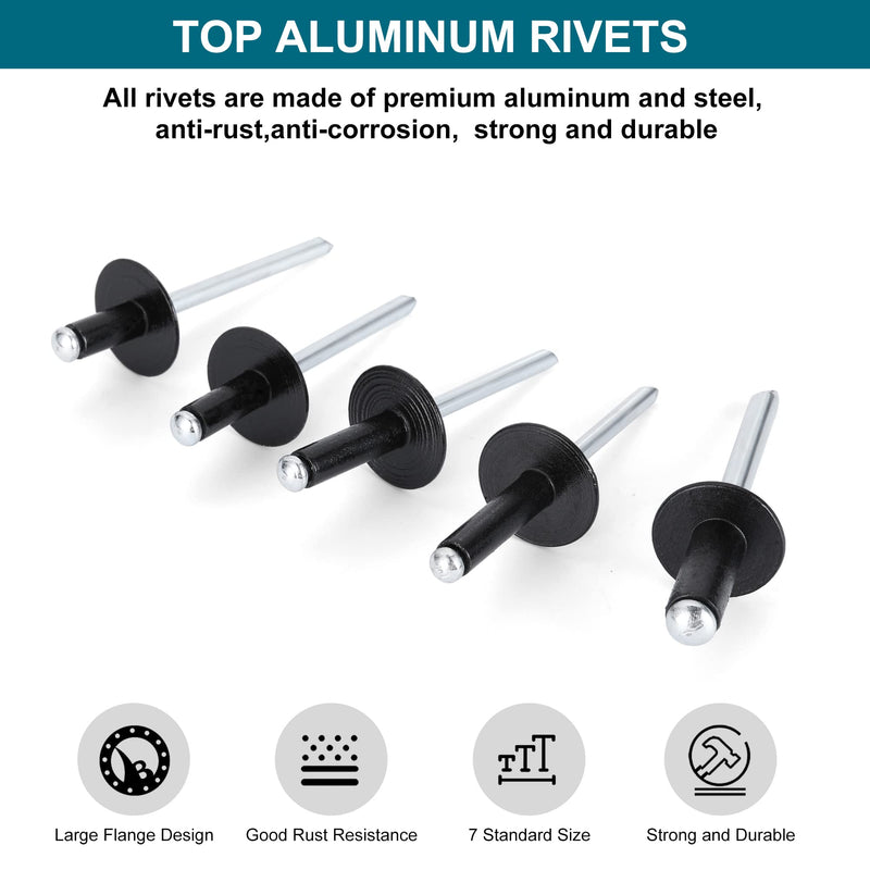 [Australia - AusPower] - 200PCS Black Rivets Pop Rivets Assortment Kit, Large flange Aluminum Rivets(1/8" 3/16" 1/4") Assorted Blind Rivets with Case 