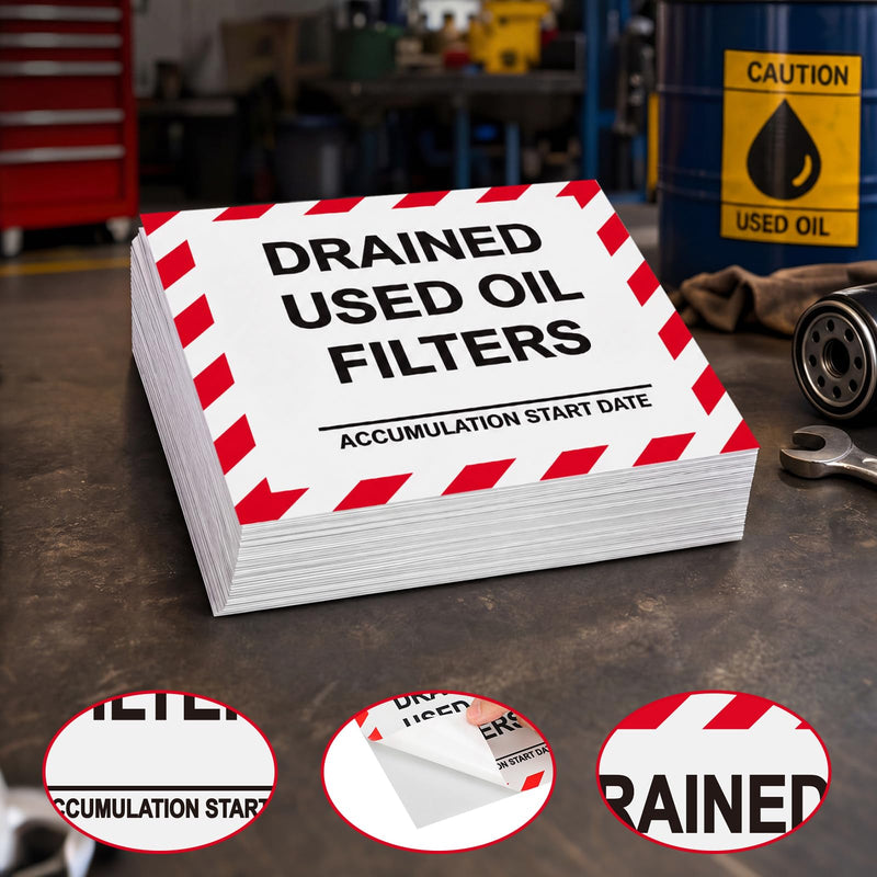 100 Pcs Drained Used Oil Filters Label - 6 x 6 Inch Adhesive Vinyl Hazardous Waste Stickers for Identification Drums, Containers Waste Management
