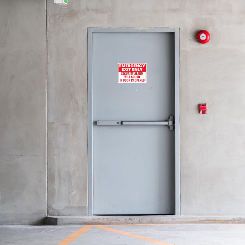 5 x Emergency Exit Only Stickers | Security Alarm Will Sound If Door Is Opened Signs | 10 x 7 inches | Self-Adhesive, UV Protected Vinyl Decals | Non-Rusting, Easy to Mount Labels for Business, Hospitals, Offices, Schools