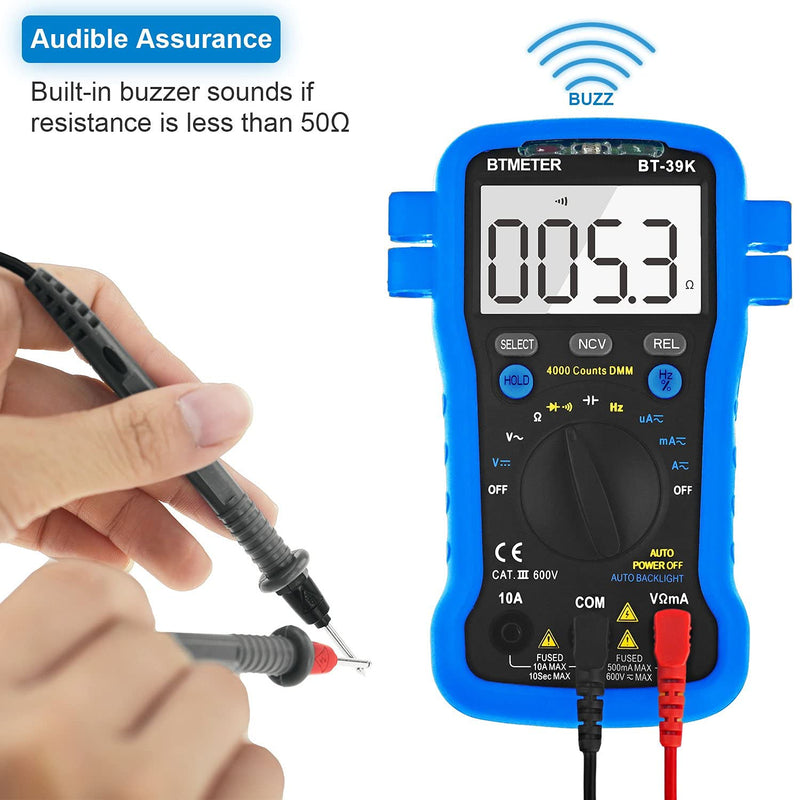 [Australia - AusPower] - BTMETER BT-39K Multimeter with Case, 4000 Count Volt Ohm Amp Meter Autoranging DMM for AC/DC Current, Voltage, Resistance Frequency Tester, with NCV, Audible Continuity, Diode, Auto Backlight Meter BT-39K w/o Temperature Test (Blue) 