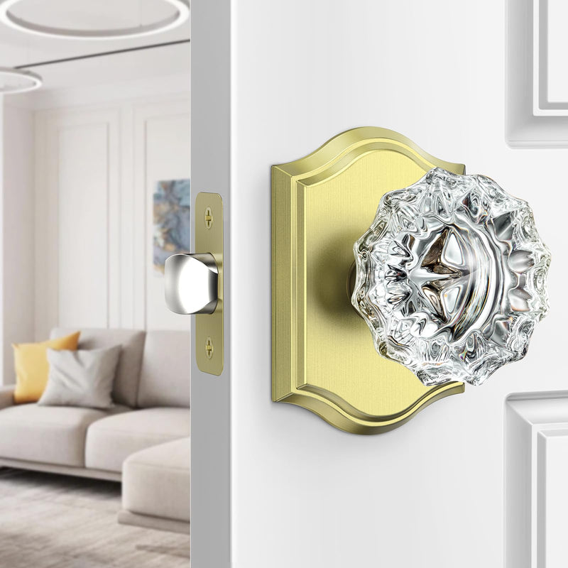 Passage Glass Door Knobs Interior, Brushed Gold Crystal Door Knobs Interior, Gorgeous Gold Crystal Glass Door Knob for Closet and Hall, 1 Pack