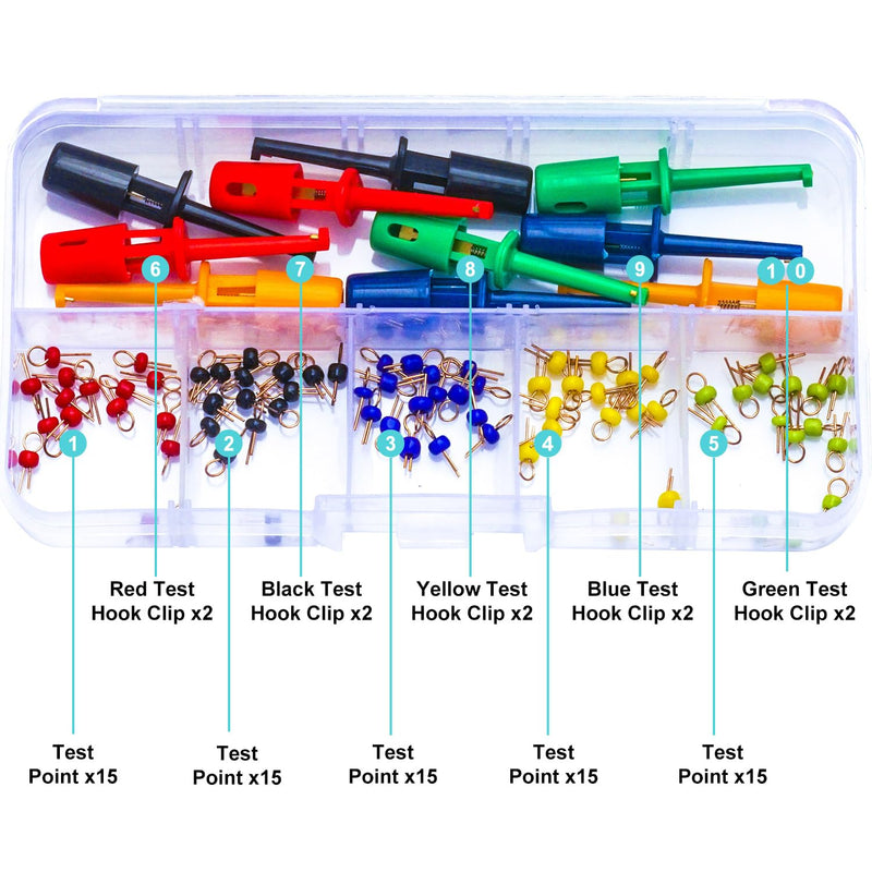 [Australia - AusPower] - PCB Test Point & Test Hook Clip Assorted Kit, Black/Red/Green/Blue/Yellow Test Point Pin & Test Hooks Clips Spring Hook Clip PCB Board Breadboard Kit (PCB-Test-Kit) 