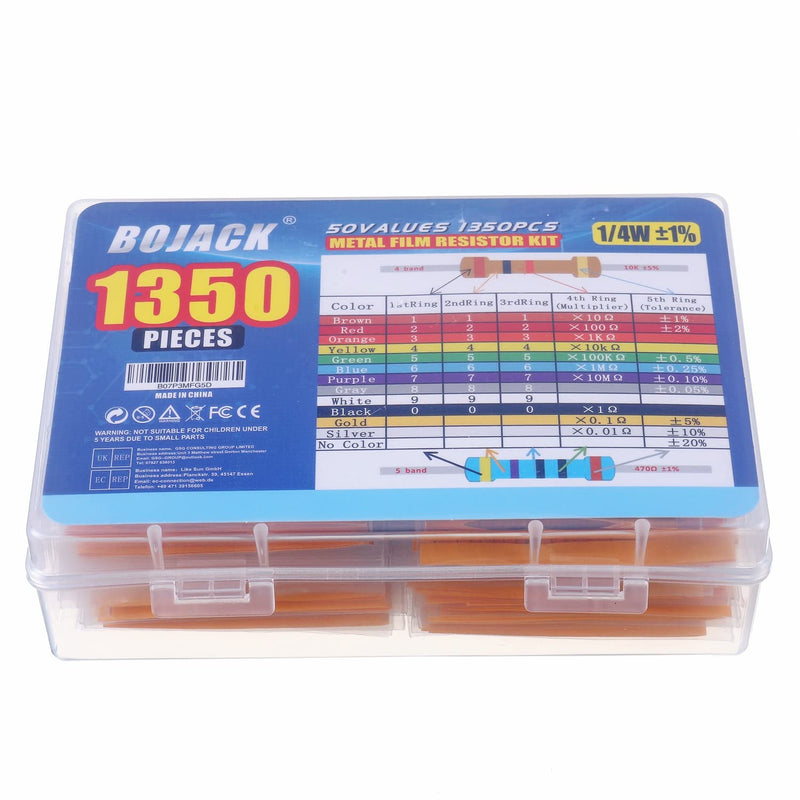 Bojack Resistors Assortment Kit, 50 Values, 1350 Pieces, 0 Ohm - 5.6 M Ohm with 1 % 1/4 W Metal Film