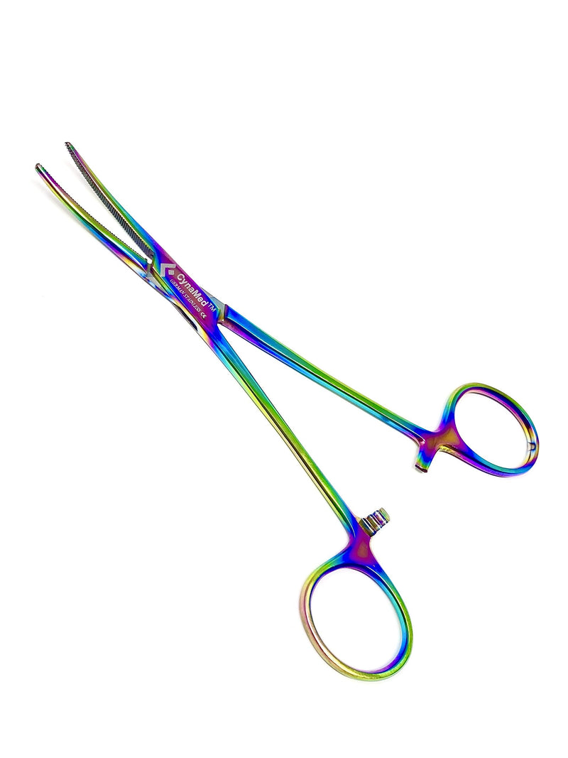 Cynamed Artzone Multi Color Hemostat Forceps with Serrated Jaws, Stainless Steel Rainbow Pliers 6.25 in. Curved