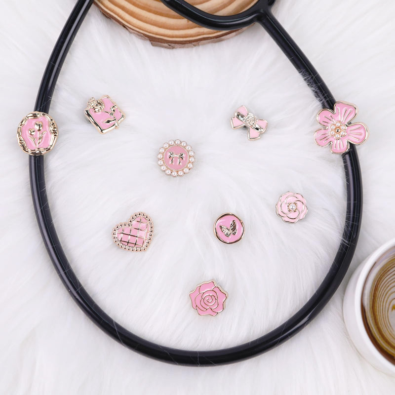 [Australia - AusPower] - Pink Flowers Elegant Stethoscope Charms for Nurse - 9Pcs Pediatric Stethoscopes Decor Personalized Accessories, Gift for Doctor & Veterinarian, Medical Worker Nursing Graduation Pink flower 
