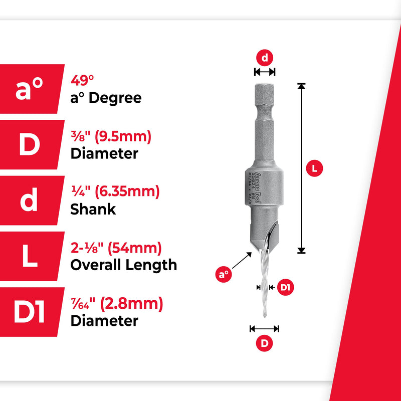 Amana Tool Carbide Tipped 82 Degree Countersink Tapered Drill Bit, 55624, Screw 8, 3/8 Dia x 7/64 Drill D x 1/4 Hex Shank