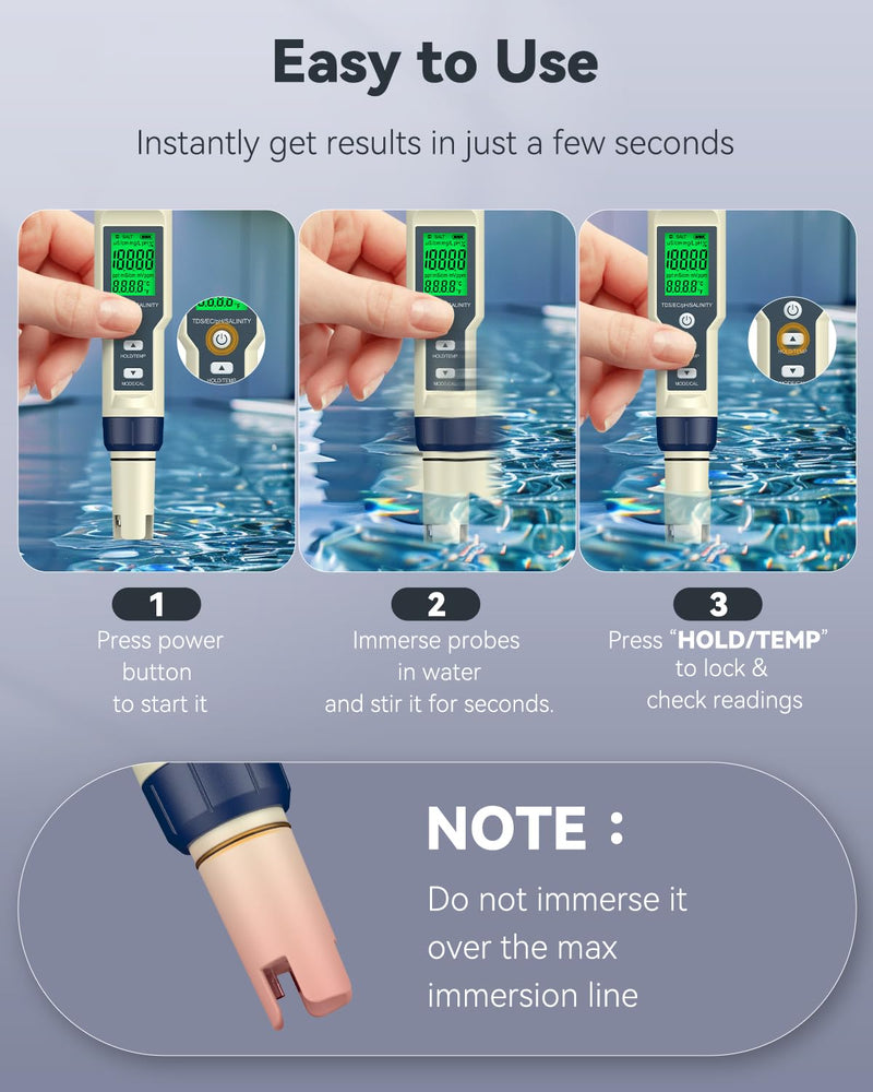 [Australia - AusPower] - Pawfly Pool Salt Tester & pH Meter, 5 in 1 pH Salinity TDS EC & Temperature Meter, Digital Salinity Tester TDS Meter for Swimming Pool Drinking Water Aquarium Hot Tub Saltwater & Spa 5-in-1 Digital Water Tester 