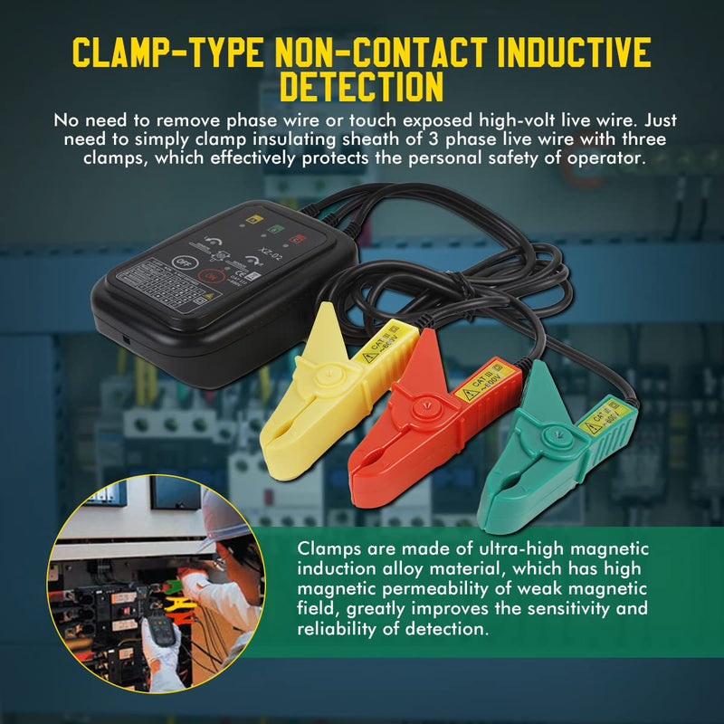 [Australia - AusPower] - Phase Rotation Meter Non-contact 3 Phase Rotation Meter AC 70~600V Phase Sequence Rotation Tester High Magnetic Induction Rotation Meter Auto Power Off Phase Meter with LED, 20-inch Clamp Lead,Handbag XZ-02 