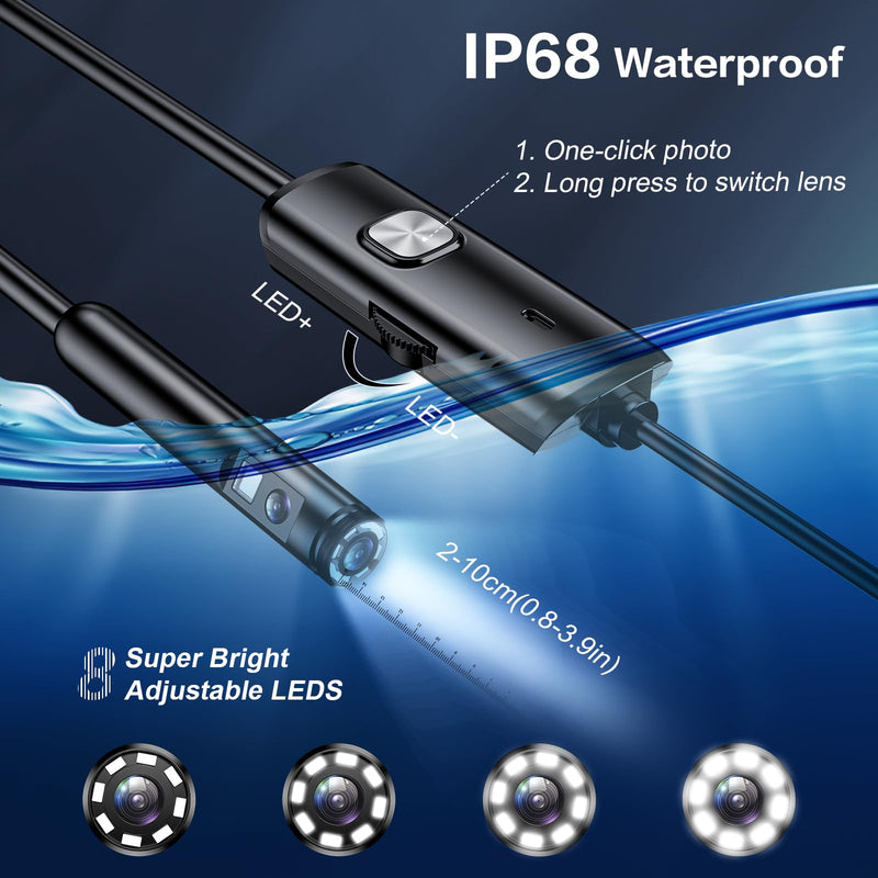 [Australia - AusPower] - Dual Lens Endoscope Camera with Light-Borescope Inspection Camera with 8+1 Adjustable LED Lights1980P Endoscope Camera with 16.5ft Semi-Rigid Snake Camera IP68 Waterproof for iPhone iPad Android Phone 