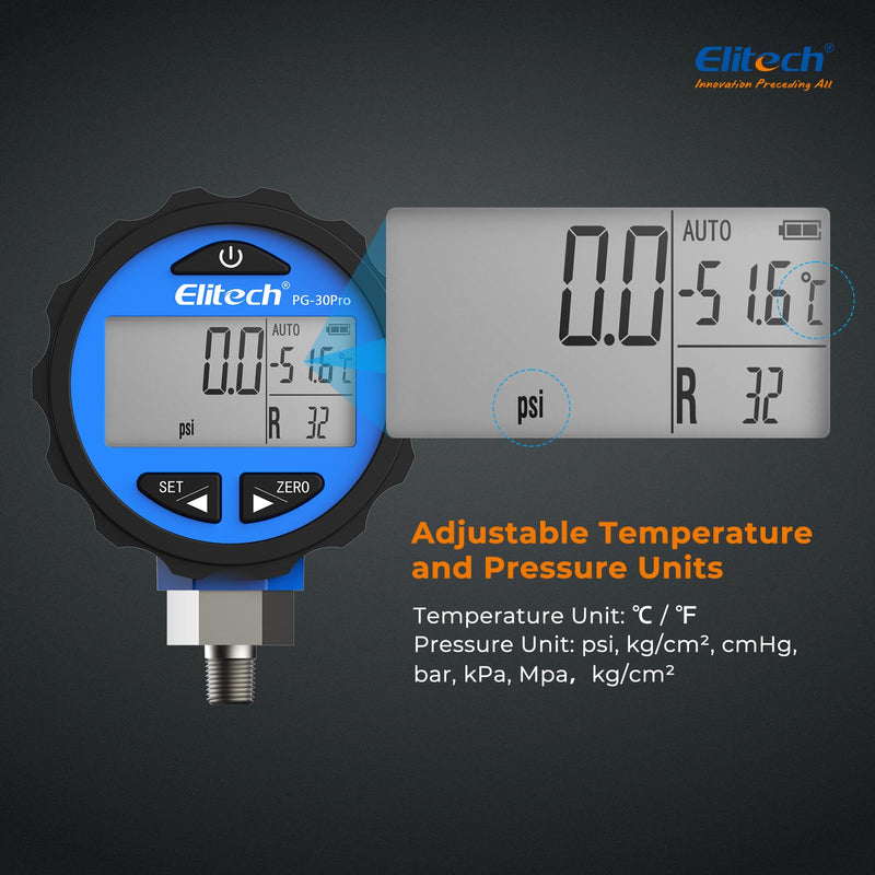 [Australia - AusPower] - Elitech PG-30Pro Blue Refrigeration HVAC Digital Pressure Gauge -14.5-500 PSI 1/8'' NPT 