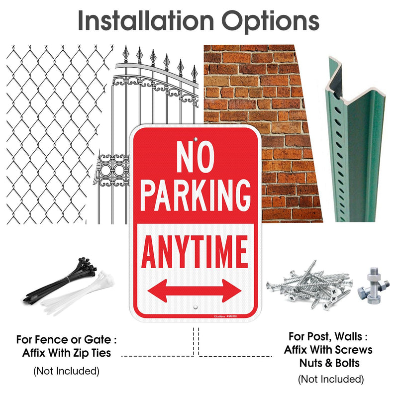 GicnKeuz Large No Parking Anytime Signs With Arrow,18×12 Inches No Parking Sign .040 Reflective Aluminum ,Waterproof and Fade Resistant,2 pre-drilled holes,Easy to Install,Indoors and Outdoors Use (2-pack) 2 packs of 18"×12" No Parking Anytime signs