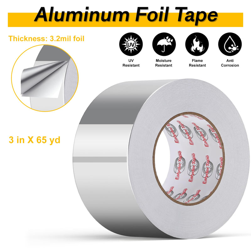 3 Inch x 65 Yard Heavy Duty Aluminum Foil Tape, High Temperature Silver Duct Tape, Self-Adhesive Metal Tape for HVAC, Exhausts Duct and Metal Repair,3.2MIL 3 Inch x 65 Yards