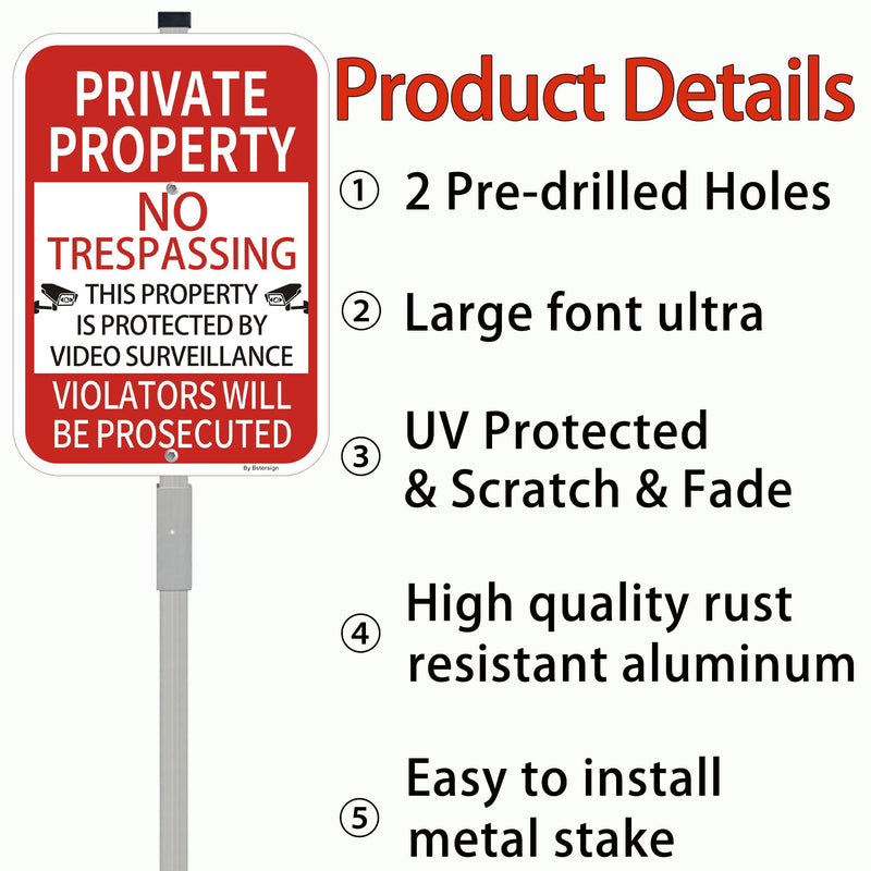 2Pack No Trespassing Private Property Sign with 36-Inch Stakes, 10x14 Inches Video Surveillance Warning Sign, Rust Free Reflective Aluminum 2 Pack with stake（Red）