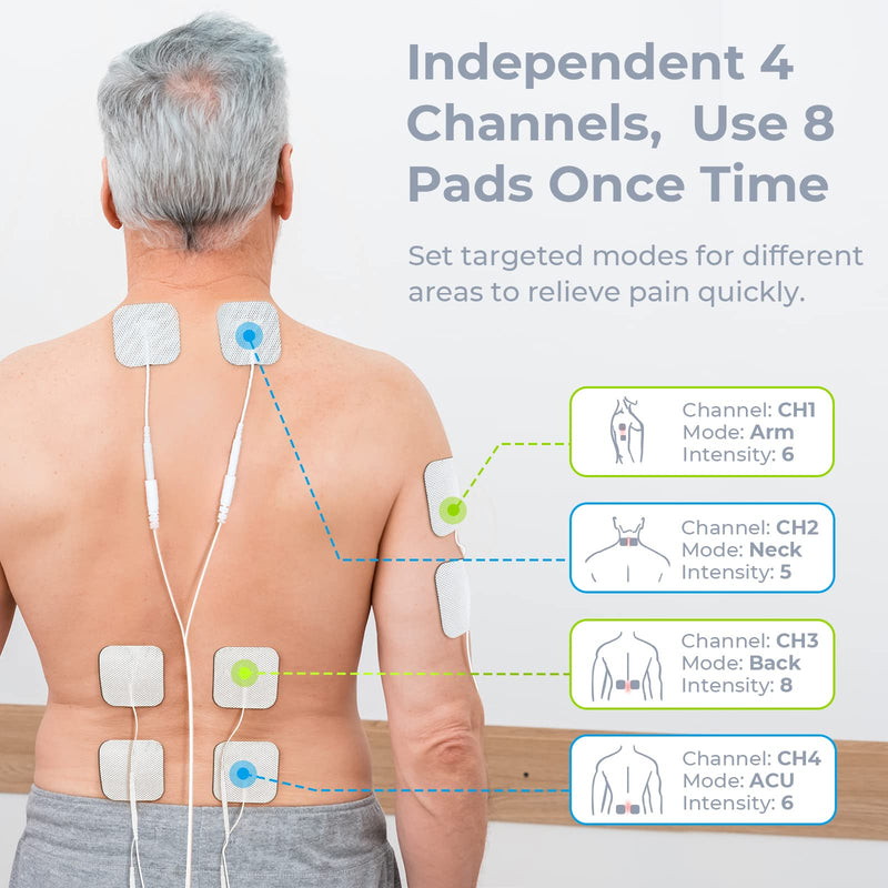 AUVON 4 Outputs 24 Modes Rechargeable TENS Unit EMS Muscle Stimulator, Handheld Electrotherapy Device for Pain Relief, TENS Machine with Long Lasting Battery Life, 8 Electrode Pads