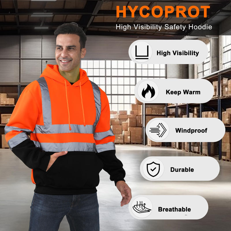 HYCOPROT High Visibility Sweatshirt ANSI Class 3 Reflective Safety Hoodie Hi Vis Hooded Pullover with Black Bottom… Orange XX-Large