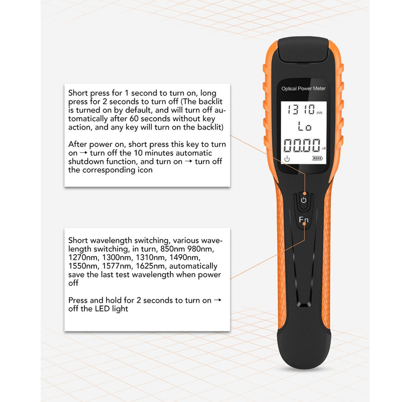 [Australia - AusPower] - Optical Power Meter, -70 ~ +10dBm Portable Fiber Optic Tester, Mini Fiber Optic Cable Tester with Lithium Battery for FC SC ST Universal Interface & Testing 9 Calibrated Wavelength 
