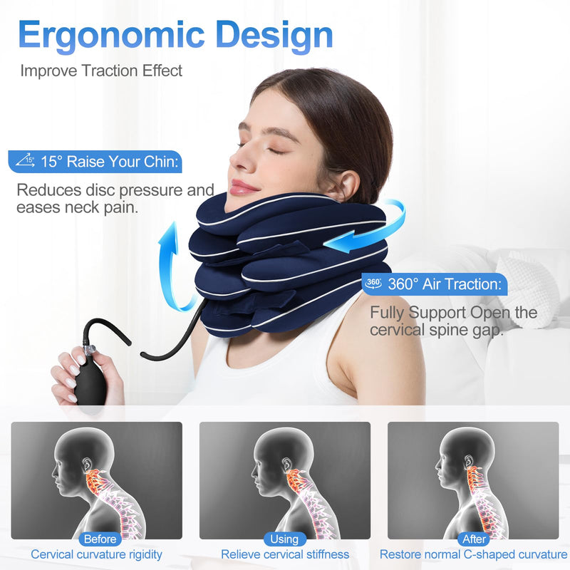 [Australia - AusPower] - Inflatable & Adjustable Neck Traction Device with Neck Brace,Portable Cervical Traction Device for Instant Neck Pain Relief,Perfect for Home,Office,and Travel(Dark Blue) Dark Blue 