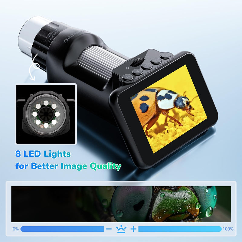 LM013 Portable Digital Microscope with 2.8" LCD Screen, Handheld Microscope Kit for Kids 8-12, Pocket USB Coin Camera Magnifier for Adults with 8 LED Lights, Microscope Slides Black+Base