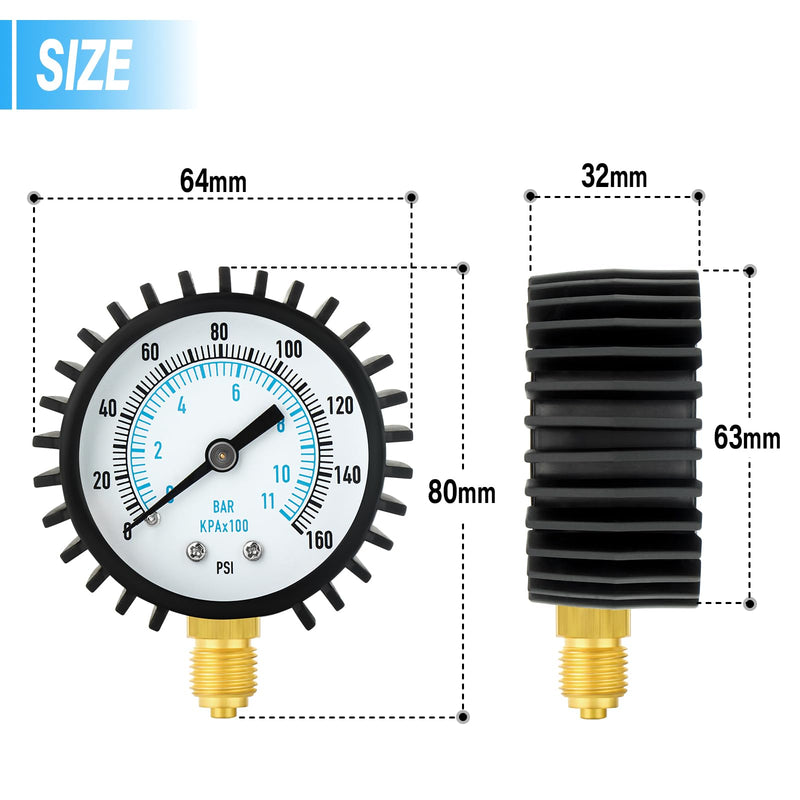 [Australia - AusPower] - ERGAOBOY 0-11 Bar (0-160Psi) Stainless Steel Water Pressure Gauge, 3/4" BSP to 1/2" BSP Garden Hose Female Thread with Hose 0-11 Bar(3/4"-1/2" with Hose) Lower Mount 