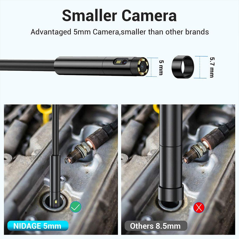 [Australia - AusPower] - 0.197inch Dual Lens Wireless Endoscope Camera, NIDAGE 5.0mm Ultra-Slim Automotive Inspection Camera with 7 LEDs, 1080P Dual Lens Borescope Waterproof for Android & iOS Smartphone Tablet(5FT) 5FT 