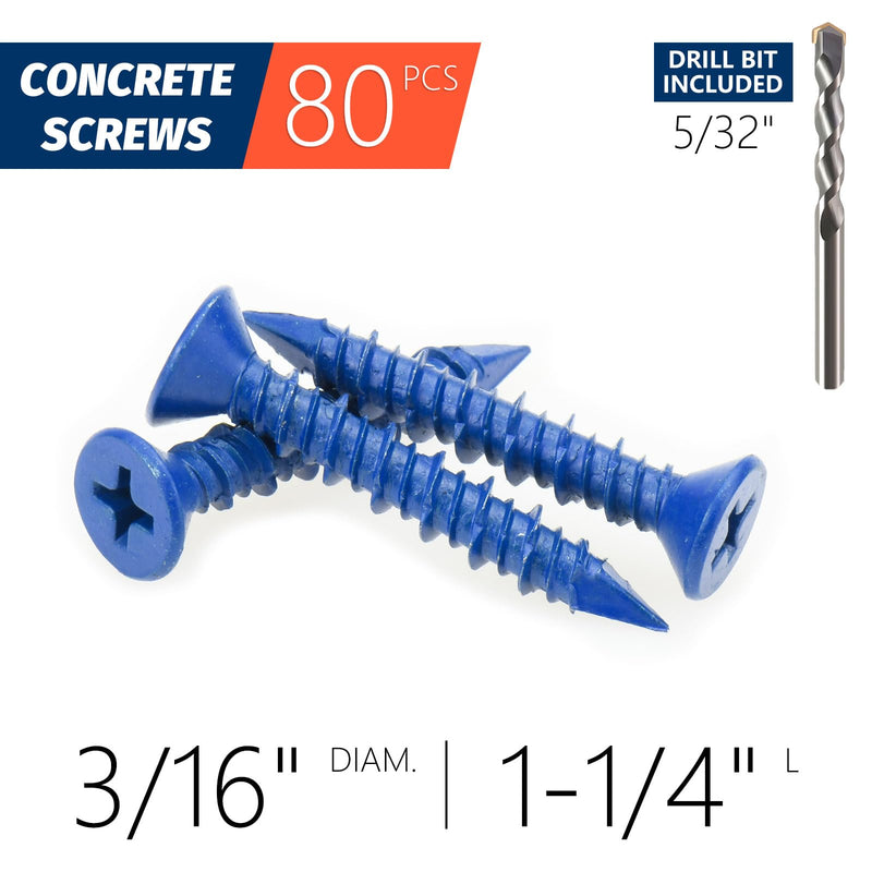 [Australia - AusPower] - 3/16" x 1-1/4" Concrete Screw Anchor, Blue Flat Head Screws for Anchoring to Masonry, Brick, Block, Cement or Stucco (Pack of 80) 3/16" x 1-1/4" 