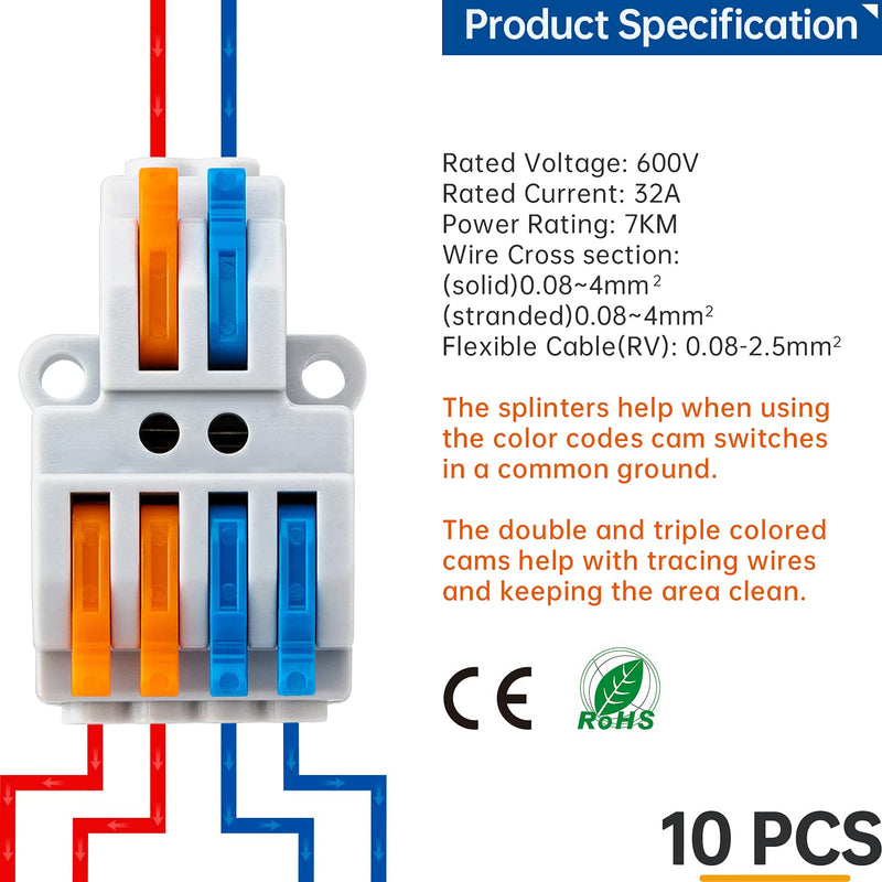 [Australia - AusPower] - GKEEMARS 10 Pcs Lever Wire Connectors, Quick Wiring Cable Connector Push-in Conductor Terminal Block (2 in 4 Out) 2 in 4 out 