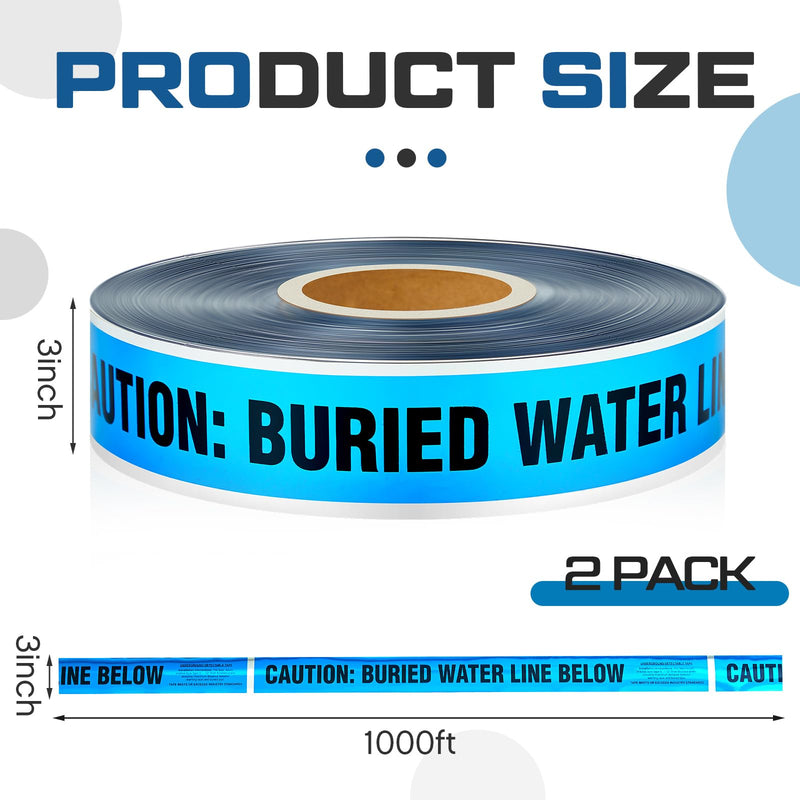 Pangda 2 Rolls 1000 Feet Detectable Safety Tape 5 Mil Underground Detectable Warning Tape for Construction Sites Road Repairs(Caution Buried Water Line Below,3 Inch,Blue) 3 Inch Caution Buried Water Line Below Blue