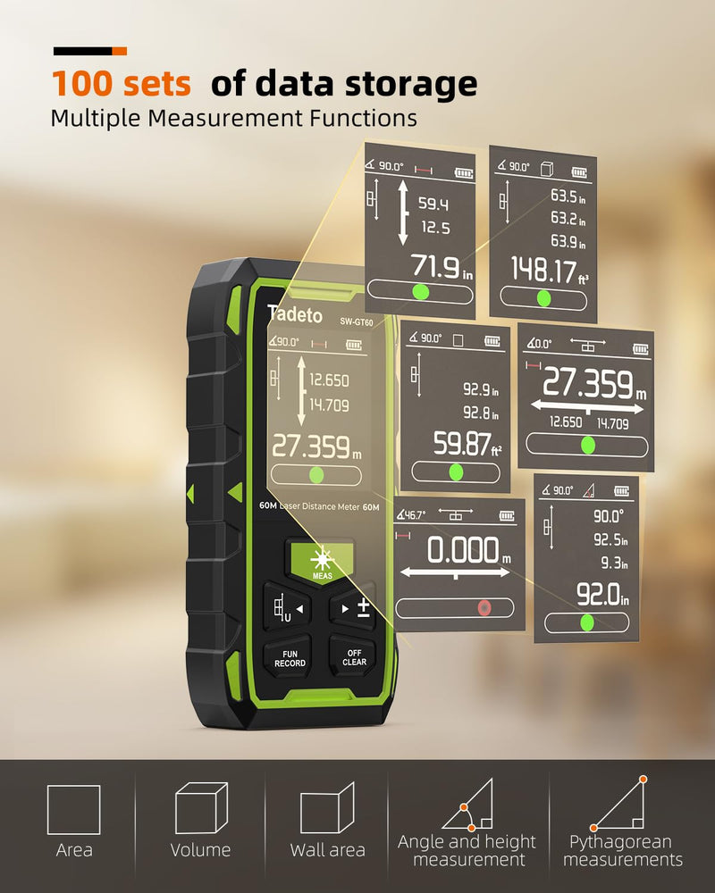 [Australia - AusPower] - Tadeto Dual Laser Measuring Tool, 393FT/120M Bilateral Laser Measurement Tool Backlit LCD Display, Rechargeable Laser Measure with Ft/in/M Multiple Units Length/Area/Volume/Angle Green 