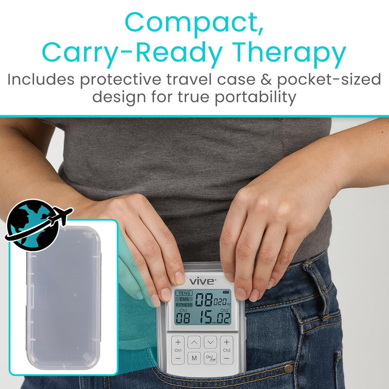 [Australia - AusPower] - Vive 50 Mode TENS Machine for Pain Relief Therapy - EMS & Tens Muscle Stimulator for Back, Body, Recovery, Cramps - Rechargeable Unit with 8 Reusable Electrode Pads & Adjustable Intensities 