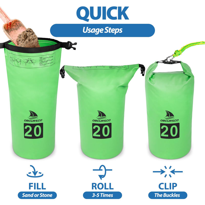 Obcursco 20L Jet Ski Anchor Kit PWC Anchor 2 in 1 Sand Bag Anchor for Float with Adjustable Buoy, PWC Sandbag Anchor for Jetski, Kayak, Seadoo, Paddle Board, Waverunner, Watercraft, and Swim Mat… green