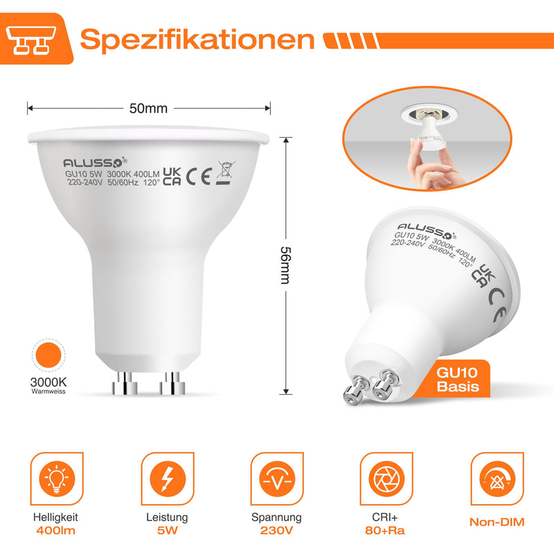 [Australia - AusPower] - ALUSSO GU10 LED Bulb 5 W Warm White 3000 K LED Light Bulb 400 Lumen Replaces 50 W Halogen Bulbs, 120° Beam Angle Spotlight, Not Dimmable, Pack of 4 5w, Warm White 3000k 4 pcs (pack of 1) 