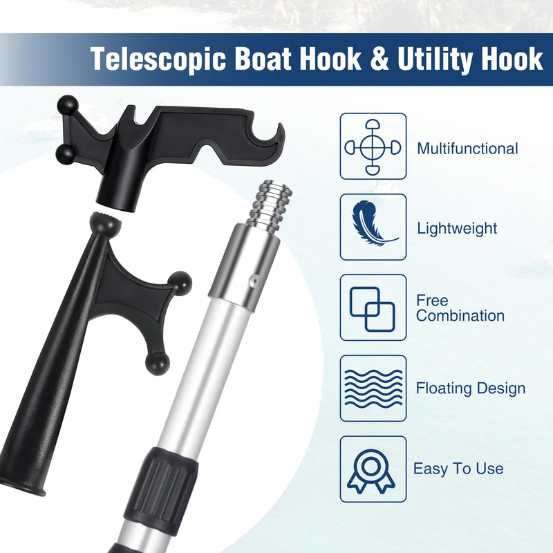 Boat Hooks for Docking,Telescoping Boat Hook with Utility Hook, Christmas Light Pole Hanger Tool,Anodized Aluminum Pole | Threaded End for Boating Accessories 3ft 8ft 12ft Silver - 8ft