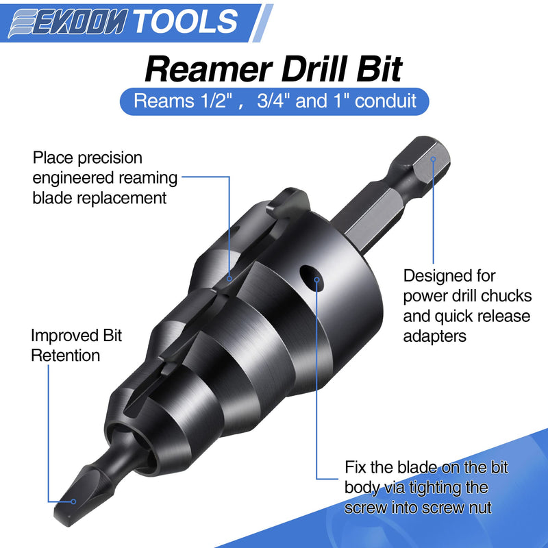 [Australia - AusPower] - Feekoon 1/2'' 3/4'' Power Conduit Reamer Tools Kit, Includes 3 Reamer Replacement Blades, 3 Set Screw, 1 No. 2 Square Recess Bit and 1 Hex Key Wrench(1/16''), Ream 1/2'', 3/4'' and 1 Inch Conduit Pipe 