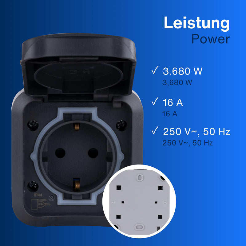 REV 0004030400 AquaStorm Socket for Wet Rooms, IP55 2-Pin, Surface-Mounted, Anthracite | Robust housing, two-pole, 230 V, 16 A, ideal for workshop, terrace and cellar 1 x socket