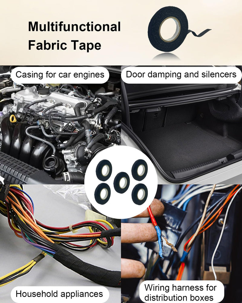 5 Rolls Automotive Wire Harness Tape, High Temp Adhesive Fabric Tape for Cars & Motorcycle - Noise Damping, Vibration Reduction, Insulation Protection, Residue-Free, Black 0.35in x 50ft
