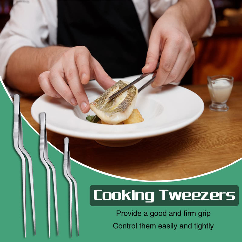 Stainless Steel Curved Tweezers Kitchen, 3 Pieces Kitchen Tweezers Cooking Tweezers 14/20/23 cm, Barbecue Tweezers, Food Tweezers, Cooking Tweezers Kitchen Set, for Cooking Kitchen, Handmade, Plant