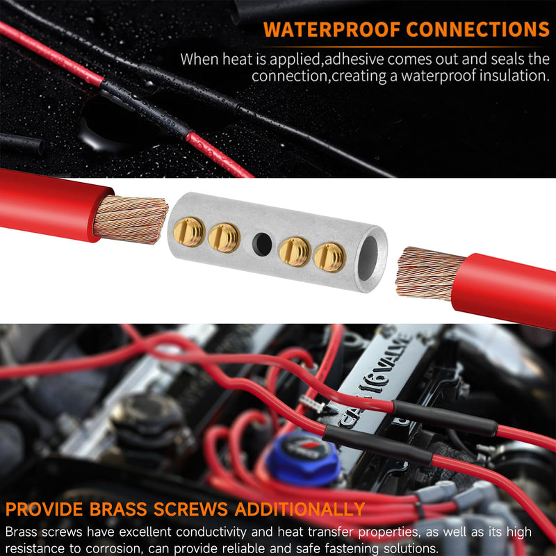 0000 Gauge Butt Splice Wire Connectors 4PCS Tinned Brass Mechanical Splice Connectors Kit 4/0 AWG Mechanical Repair Splice Kit Splice Screw Sleeves 4PCS Mechanical Butt Splices & 3:1 Heat Shrink Tubes 0000 (4/0) Gauge Mechanical Splice - Tinned Brass