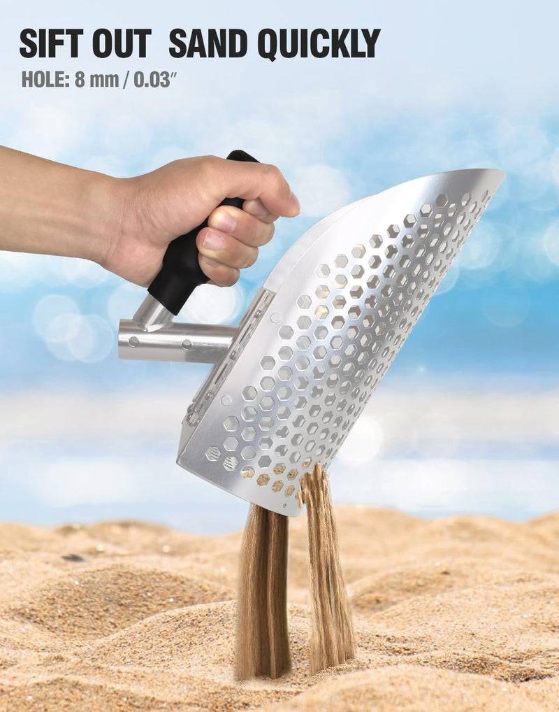 Sand Scoop for Metal Detecting, Heavy Duty Anodized Aluminum Metal Detector Beach Finds Scoop, Metal Detecting Tool Digging Sifting Shovel with 42 inch Handle Silver Sand Scoop + Handle