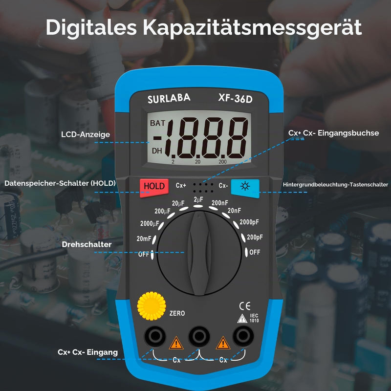 Digital Capacitance Meter, XF-36D Capacitance Meter up to 20,000uF, 1999 Count Capacitor Meter Multimeter for Home, Industry, Error Checking blue